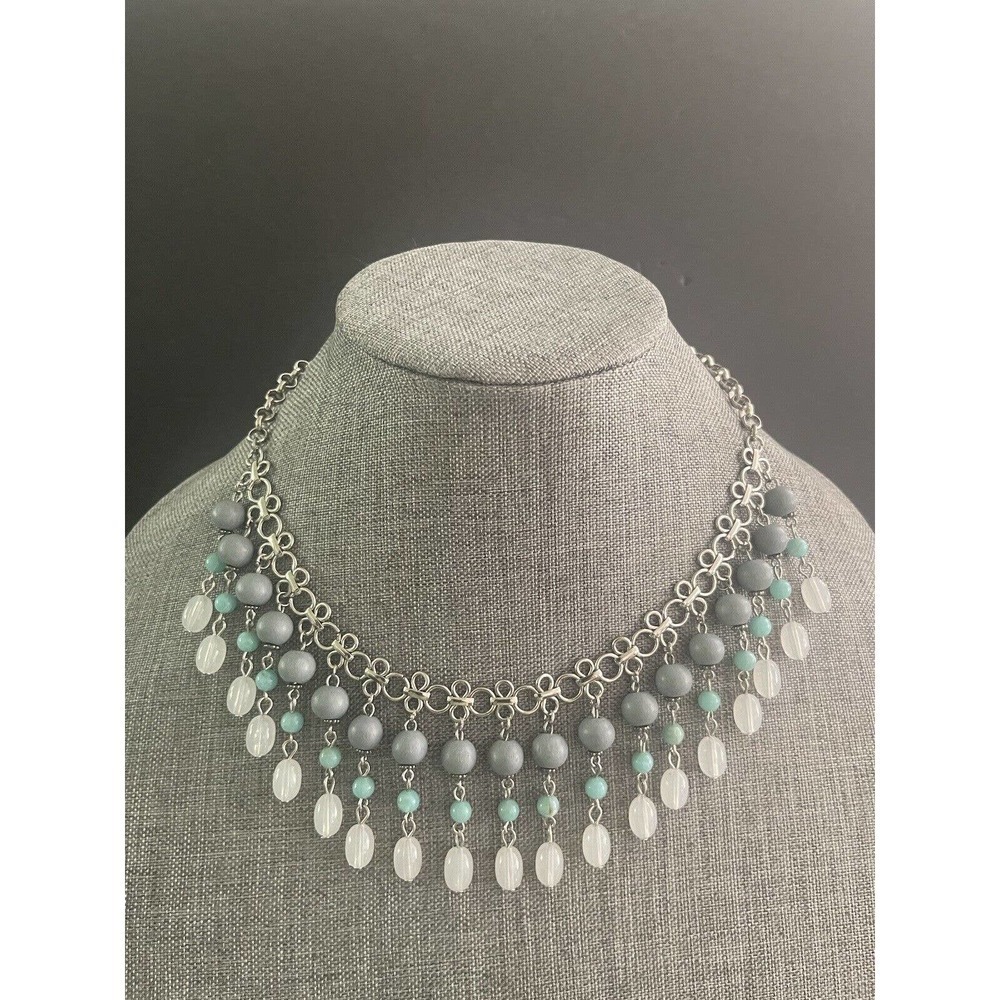 Vintage Beaded Cascade Silver-tone turquoise Colored Acrylic Boho Necklace